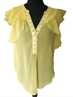 RolyPoly Sheer Bright Yellow Ruffle Beaded Top Sz M